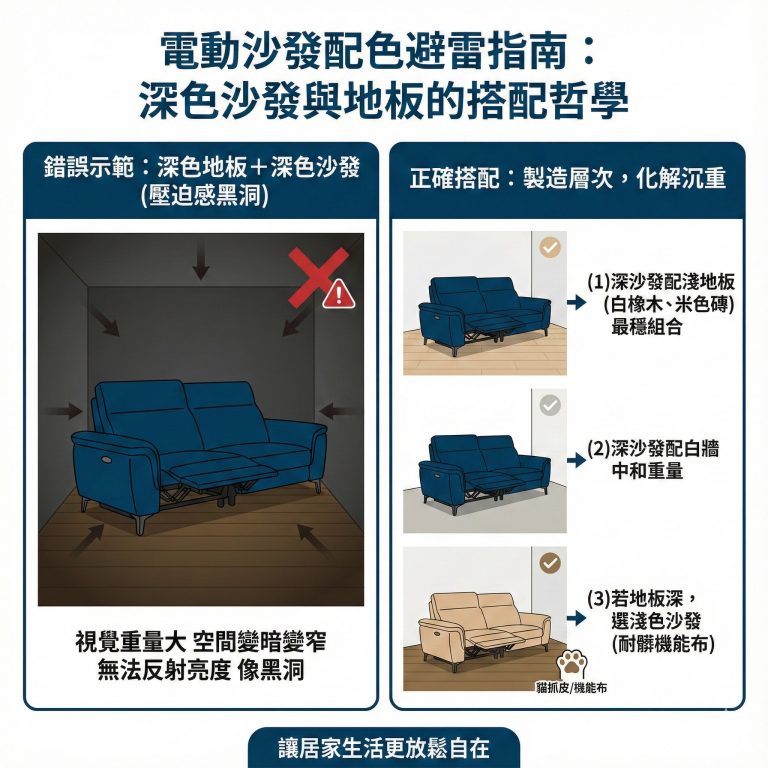 很多人喜歡深色沙發,卻忽略家中裝潢色系,就容易顯得壓迫感太重,如果要挑深色沙發,建議要放在淺色系的房間較合適