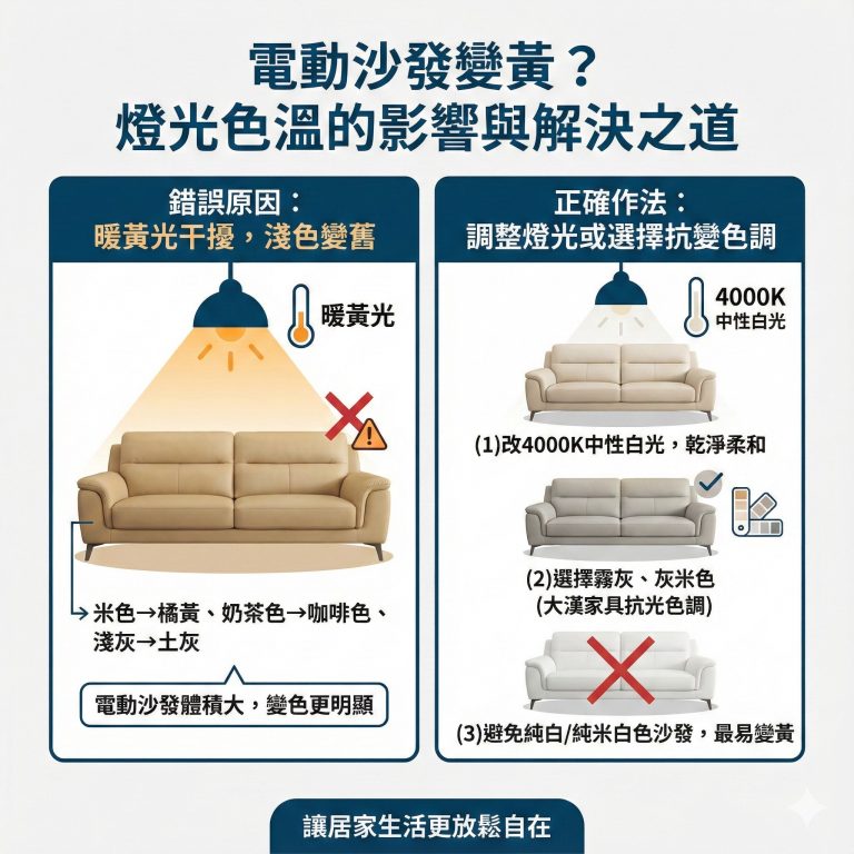 如果電動沙發選了淺色系,但家中燈光偏黃,容易讓沙發看起來很舊,建議可以用白光搭配淺色系沙發,或是挑選能適合黃光的沙發配色