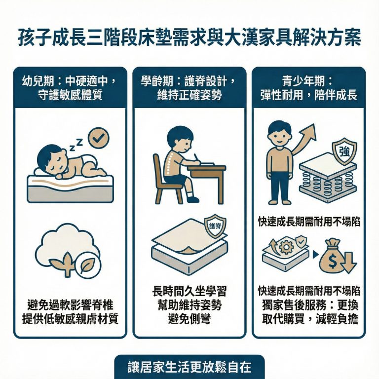 大漢家具針對不同年齡層孩子的需求,提供不同的獨立筒床墊選擇,若孩子長大了需求改變,大漢家具也提供更換舒適層的服務
