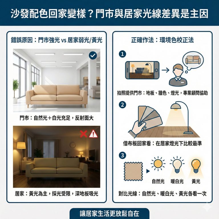 大部分家具店的燈光都會比家裡強很多,所以在家具店裡的配色感覺會跟在家裡不同,大漢家具建議可以拍下家中狀況,請門市人員協助,或帶色板回家比對