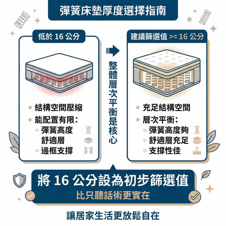 大漢家具提醒消費者,可以把床墊厚度是否大於16公分,作為初步篩選方式